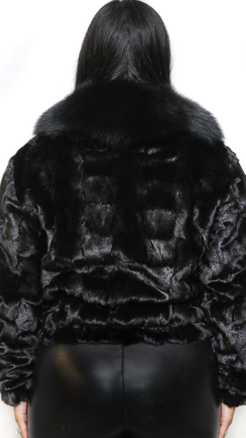 Black Mink Sectional Bomber Jacket