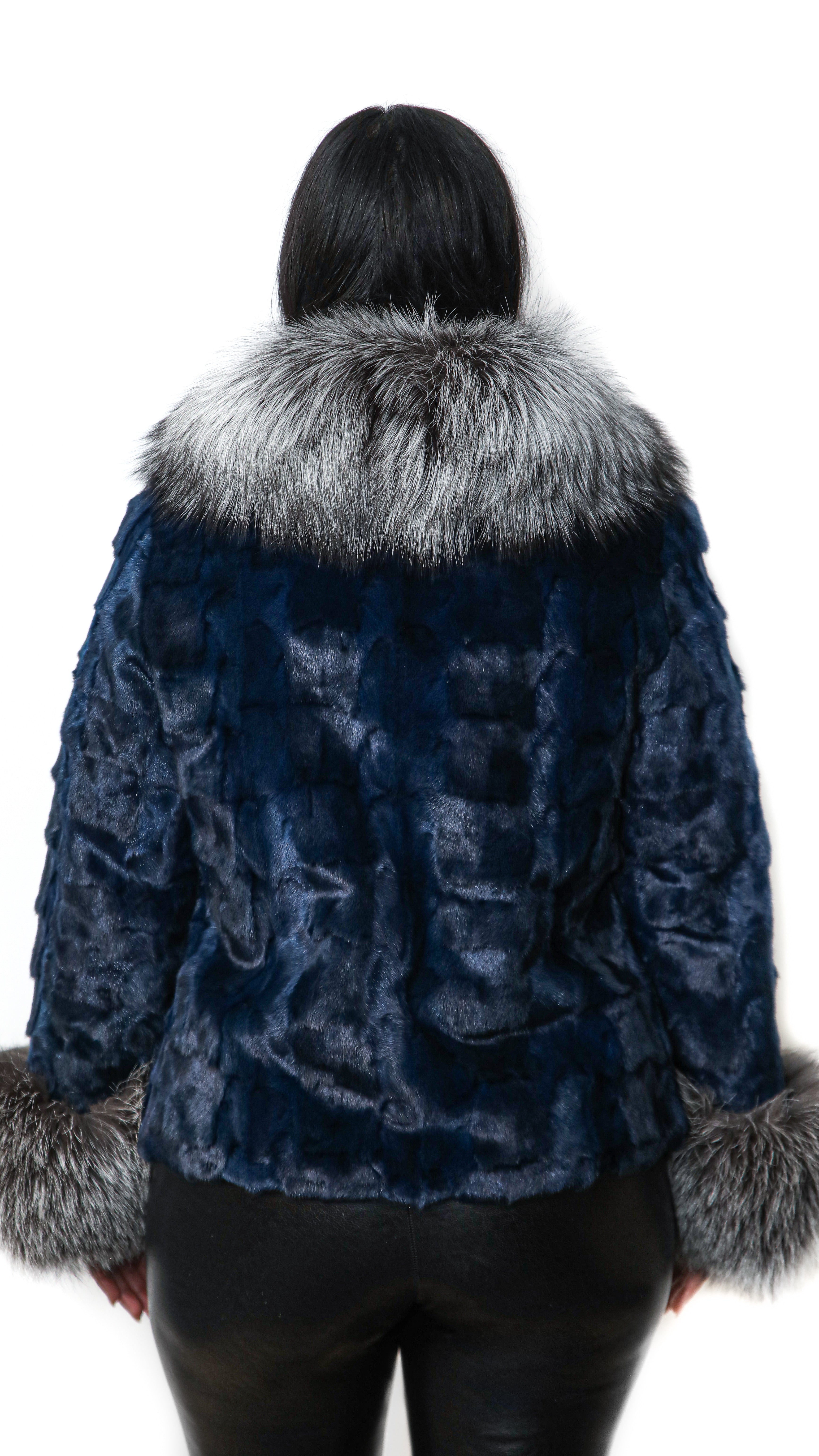 Navy Blue Sectional Mink Jacket with Silver Fox