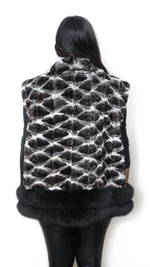 Chinchilla Vest With Black  Fox Fur Trim