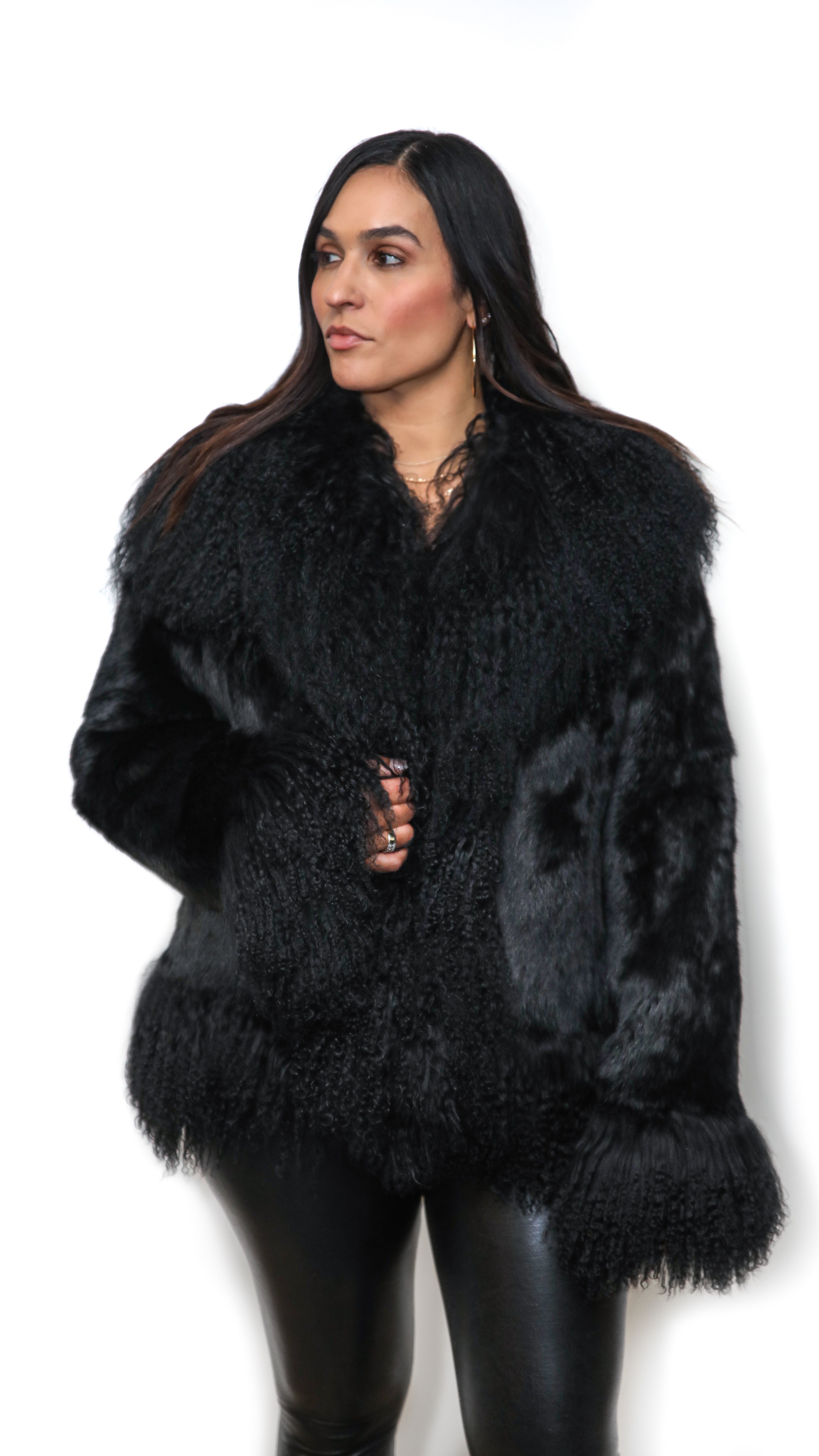 Black Rabbit Jacket With Mongolian Lamb