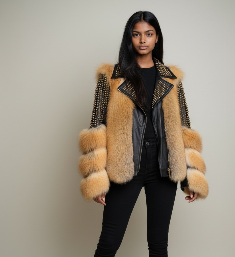 Leather Studded Jacket with Fox